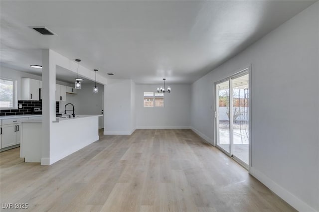 unfurnished living room featuring a wealth of natural light, light wood-type flooring, visible vents, and a sink