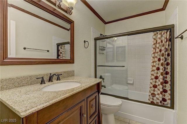 full bathroom with toilet, ornamental molding, combined bath / shower with glass door, vanity, and tile patterned flooring