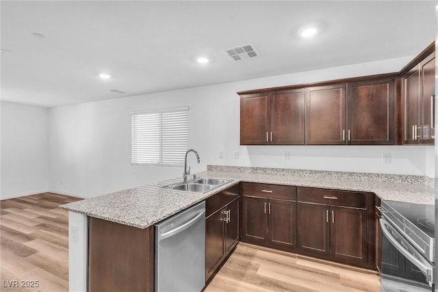 kitchen featuring light wood finished floors, visible vents, a peninsula, stainless steel appliances, and a sink