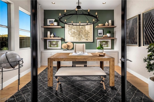 office area featuring a chandelier, recessed lighting, wood finished floors, and baseboards