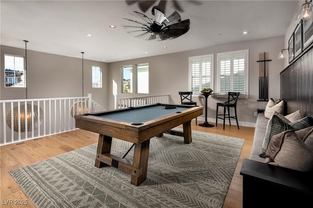 game room featuring billiards, baseboards, light wood-style flooring, ceiling fan, and recessed lighting