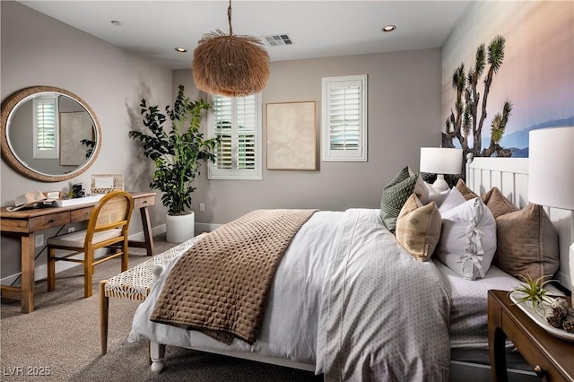 carpeted bedroom with baseboards, visible vents, and recessed lighting