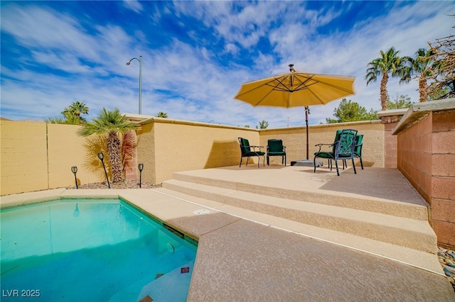 view of swimming pool with a fenced in pool, a patio area, and a fenced backyard