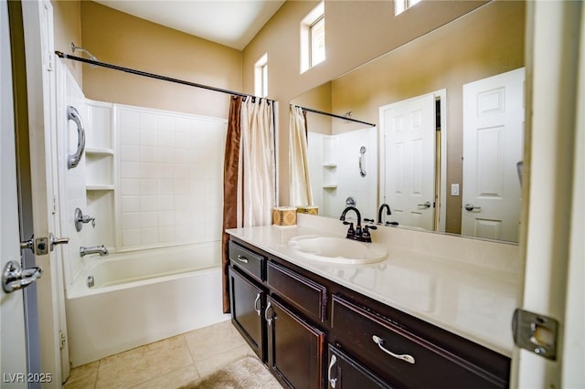 bathroom with shower / bath combination with curtain, tile patterned flooring, and vanity