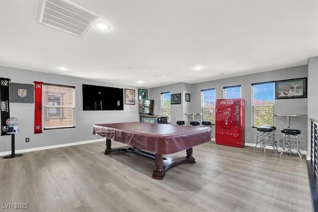 recreation room with baseboards, billiards, visible vents, and wood finished floors