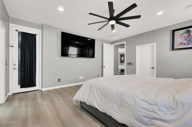 bedroom with ceiling fan, light wood-style flooring, recessed lighting, visible vents, and baseboards