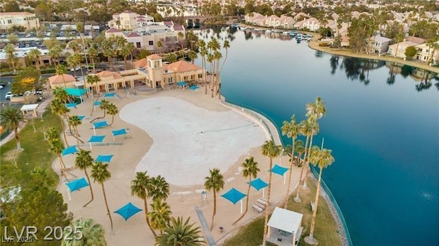 drone / aerial view featuring a water view