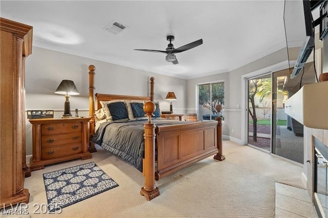 bedroom with light colored carpet, access to outside, visible vents, and crown molding