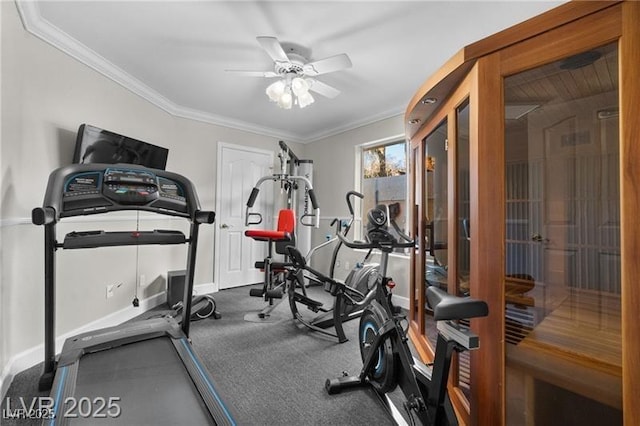 exercise room with baseboards, ceiling fan, and crown molding