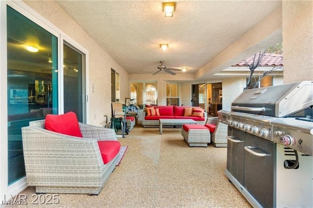 view of patio with an outdoor hangout area, ceiling fan, and a grill