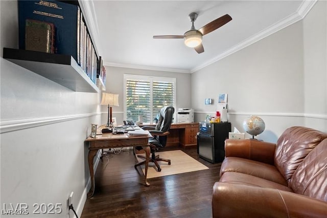 office space featuring ceiling fan, ornamental molding, and wood finished floors