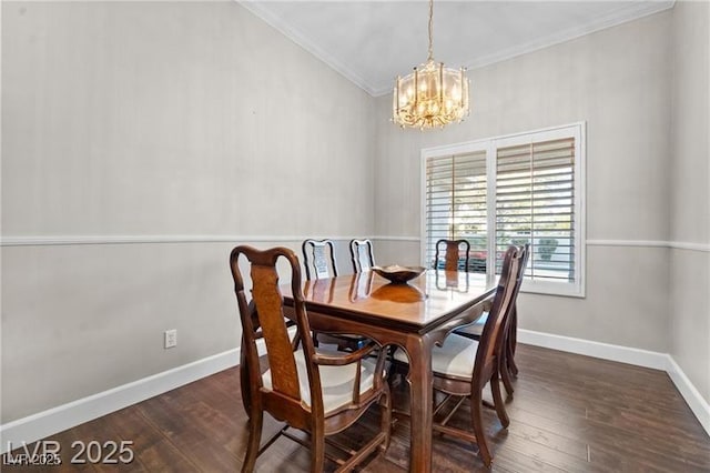 dining area with an inviting chandelier, baseboards, dark wood finished floors, and crown molding