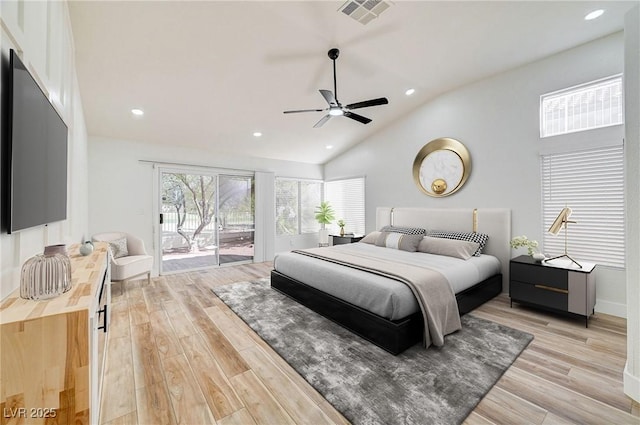 bedroom featuring access to exterior, light wood-type flooring, visible vents, and recessed lighting