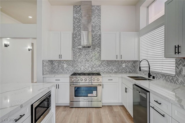 kitchen with white cabinets, decorative backsplash, wall chimney exhaust hood, appliances with stainless steel finishes, and a sink