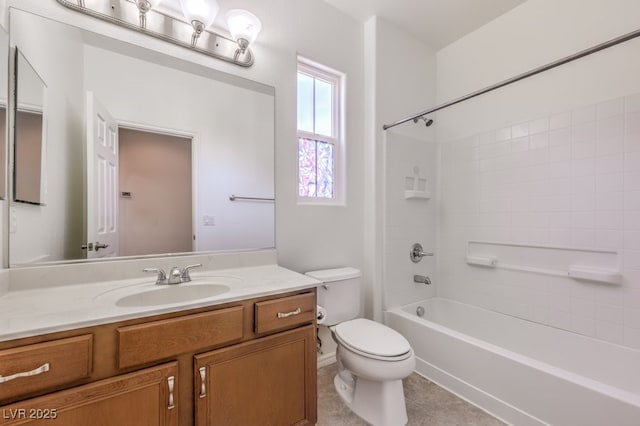 full bathroom featuring shower / tub combination, vanity, toilet, and tile patterned floors