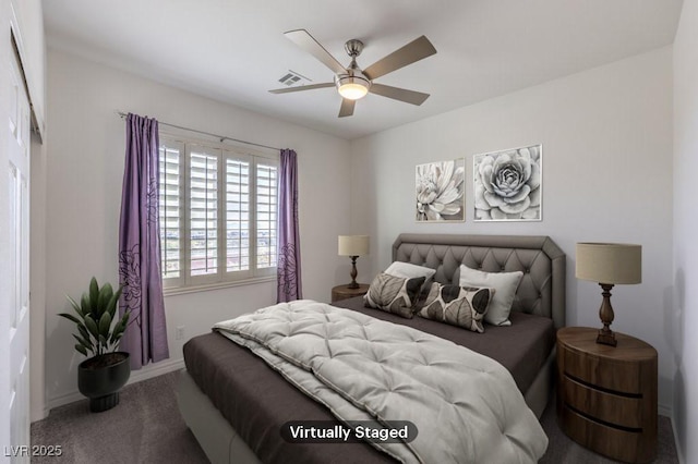 bedroom with a ceiling fan, baseboards, visible vents, and carpet flooring