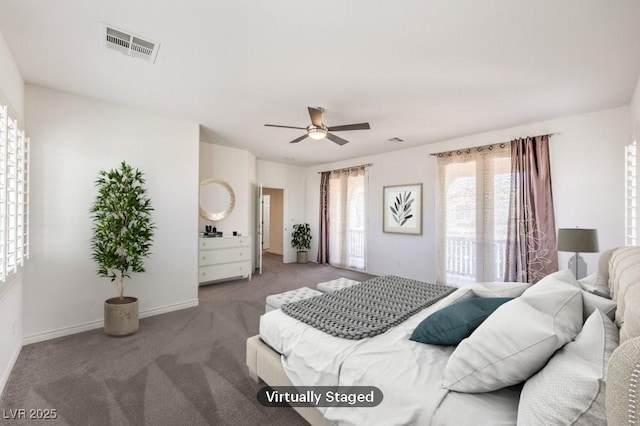 bedroom with a ceiling fan, carpet, visible vents, and baseboards