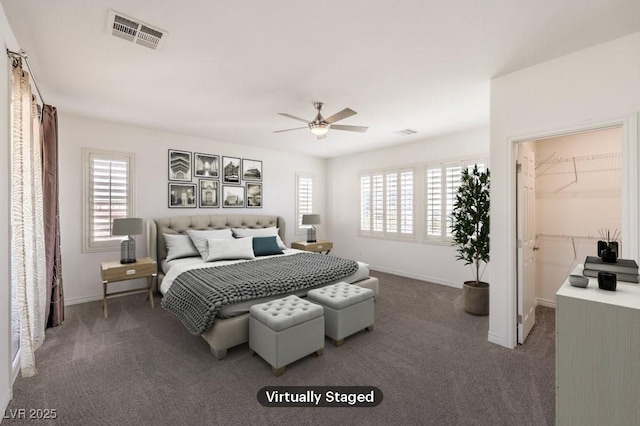 bedroom featuring baseboards, visible vents, ceiling fan, and carpet flooring