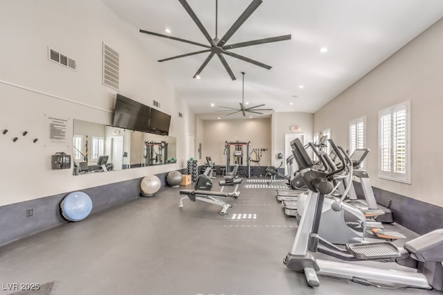 workout area featuring high vaulted ceiling, visible vents, a ceiling fan, and recessed lighting