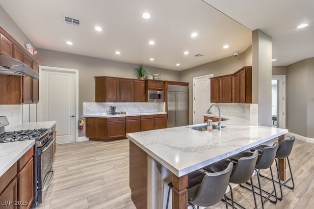 kitchen with built in appliances, a peninsula, a sink, visible vents, and decorative backsplash