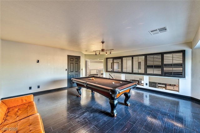 game room featuring baseboards, billiards, visible vents, and wood finished floors