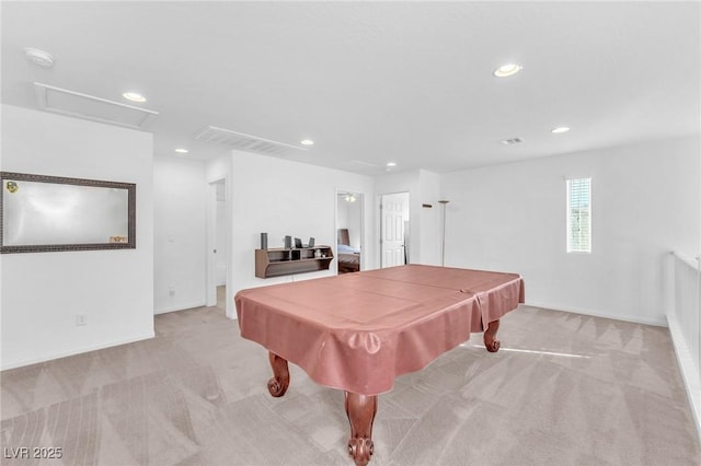 rec room featuring billiards, attic access, visible vents, light colored carpet, and recessed lighting