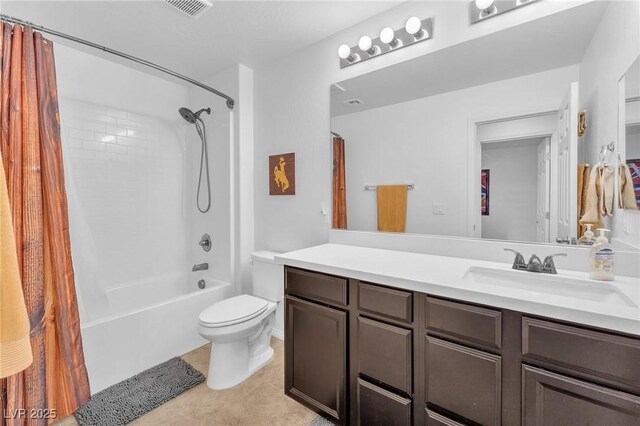 bathroom with shower / tub combo, visible vents, toilet, tile patterned floors, and vanity