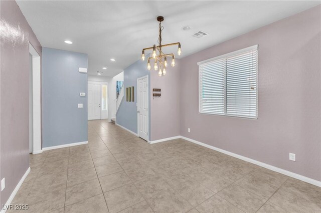 spare room featuring a chandelier, light tile patterned floors, recessed lighting, visible vents, and baseboards