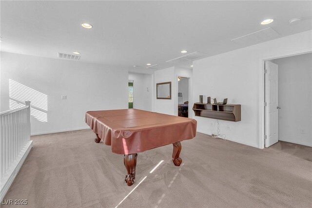 game room with baseboards, visible vents, pool table, carpet flooring, and recessed lighting