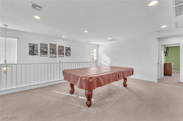 rec room with carpet floors, pool table, visible vents, and recessed lighting