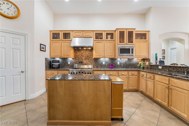 kitchen featuring arched walkways, a sink, stove, under cabinet range hood, and stainless steel microwave