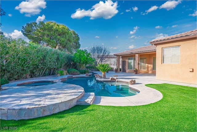 view of pool with a fenced in pool, an in ground hot tub, a yard, and a patio