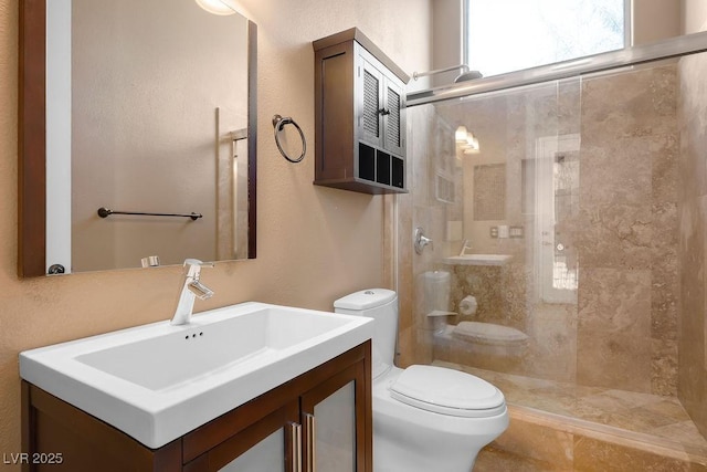 full bathroom with vanity, toilet, and a shower stall