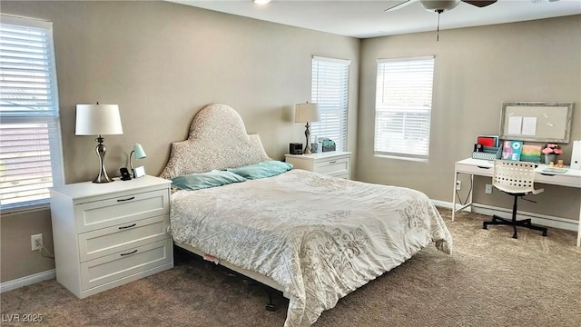 bedroom featuring carpet, baseboards, and ceiling fan