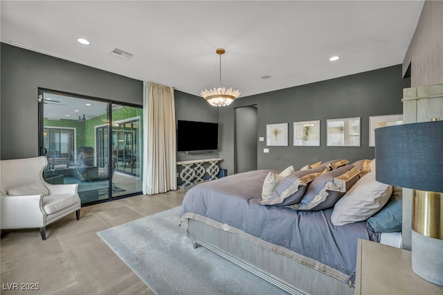 bedroom featuring access to outside, recessed lighting, visible vents, and an inviting chandelier