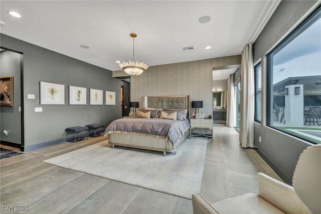 bedroom with baseboards, concrete floors, visible vents, and recessed lighting