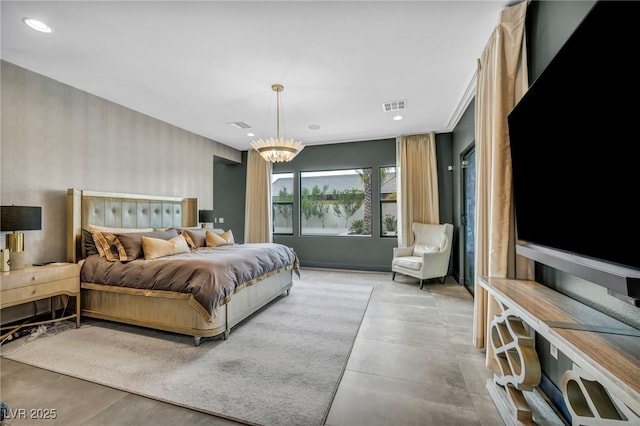 bedroom featuring concrete floors, recessed lighting, visible vents, and an inviting chandelier