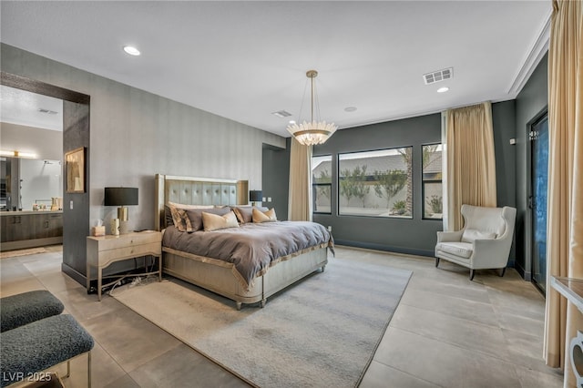 bedroom featuring a chandelier, recessed lighting, visible vents, and ensuite bathroom