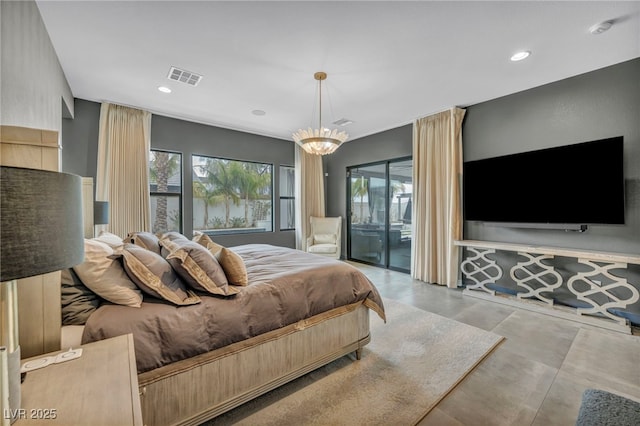 bedroom featuring multiple windows, recessed lighting, visible vents, and access to exterior