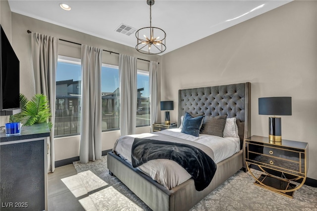 bedroom with recessed lighting, visible vents, and a notable chandelier