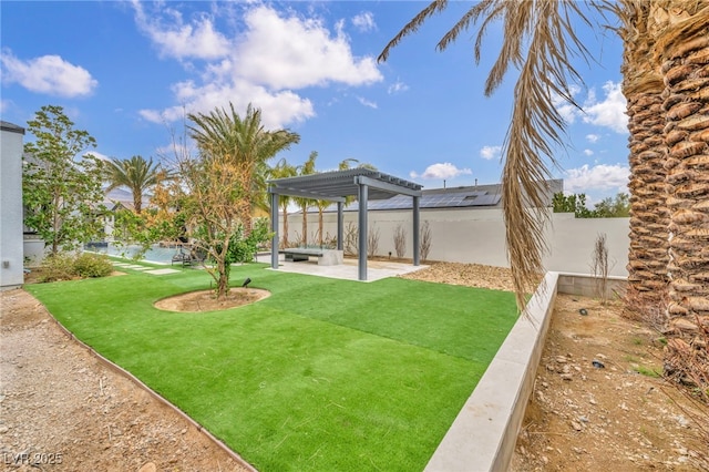 view of yard featuring a patio area, a fenced backyard, and a pergola