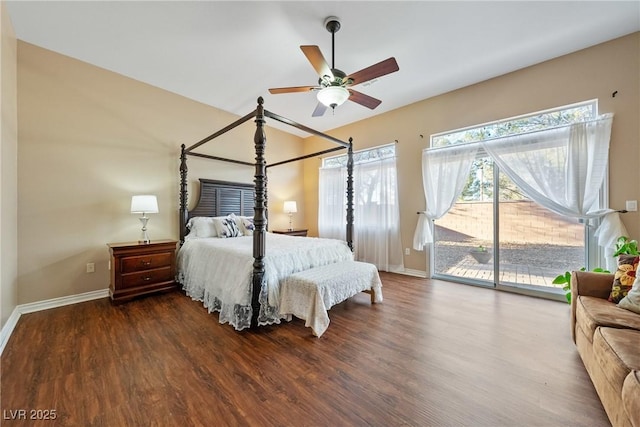 bedroom featuring access to exterior, a ceiling fan, baseboards, and wood finished floors