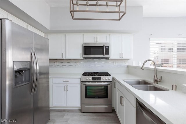 kitchen featuring light countertops, appliances with stainless steel finishes, a sink, and white cabinetry