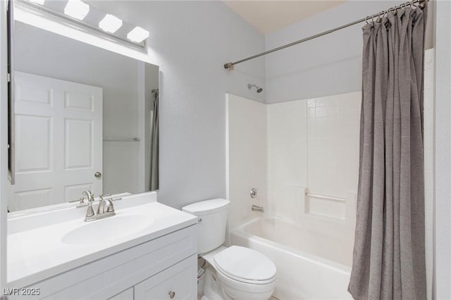 full bathroom with toilet, shower / bathtub combination with curtain, and vanity