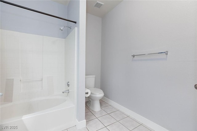 full bathroom with visible vents, baseboards, toilet, tile patterned floors, and  shower combination