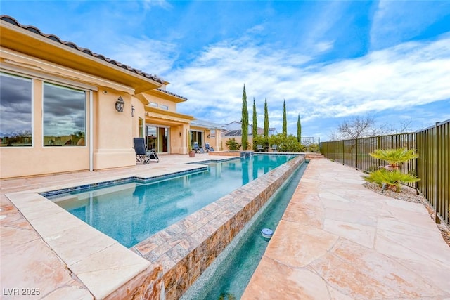 view of pool featuring a patio, fence, and a fenced in pool