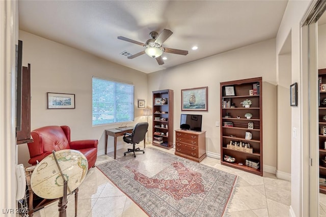 office with ceiling fan, visible vents, baseboards, and recessed lighting