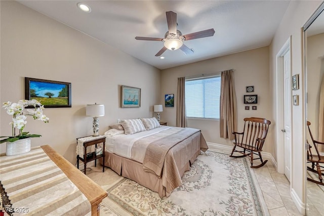 bedroom featuring light tile patterned floors, baseboards, a ceiling fan, and recessed lighting