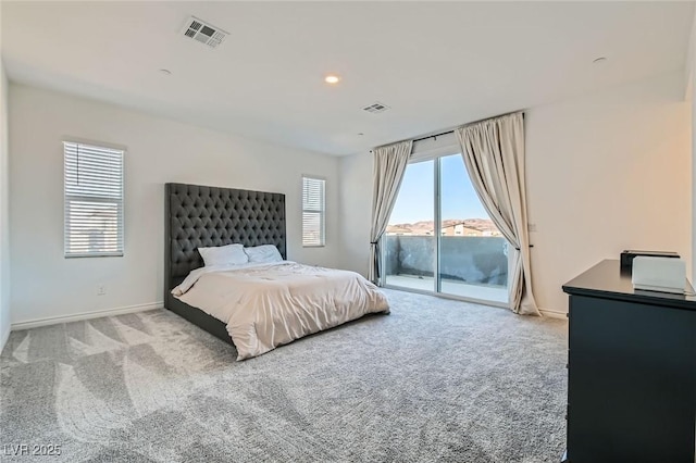 carpeted bedroom with access to exterior, baseboards, visible vents, and recessed lighting