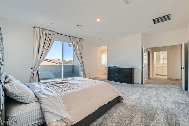 bedroom featuring access to outside, visible vents, light carpet, and baseboards